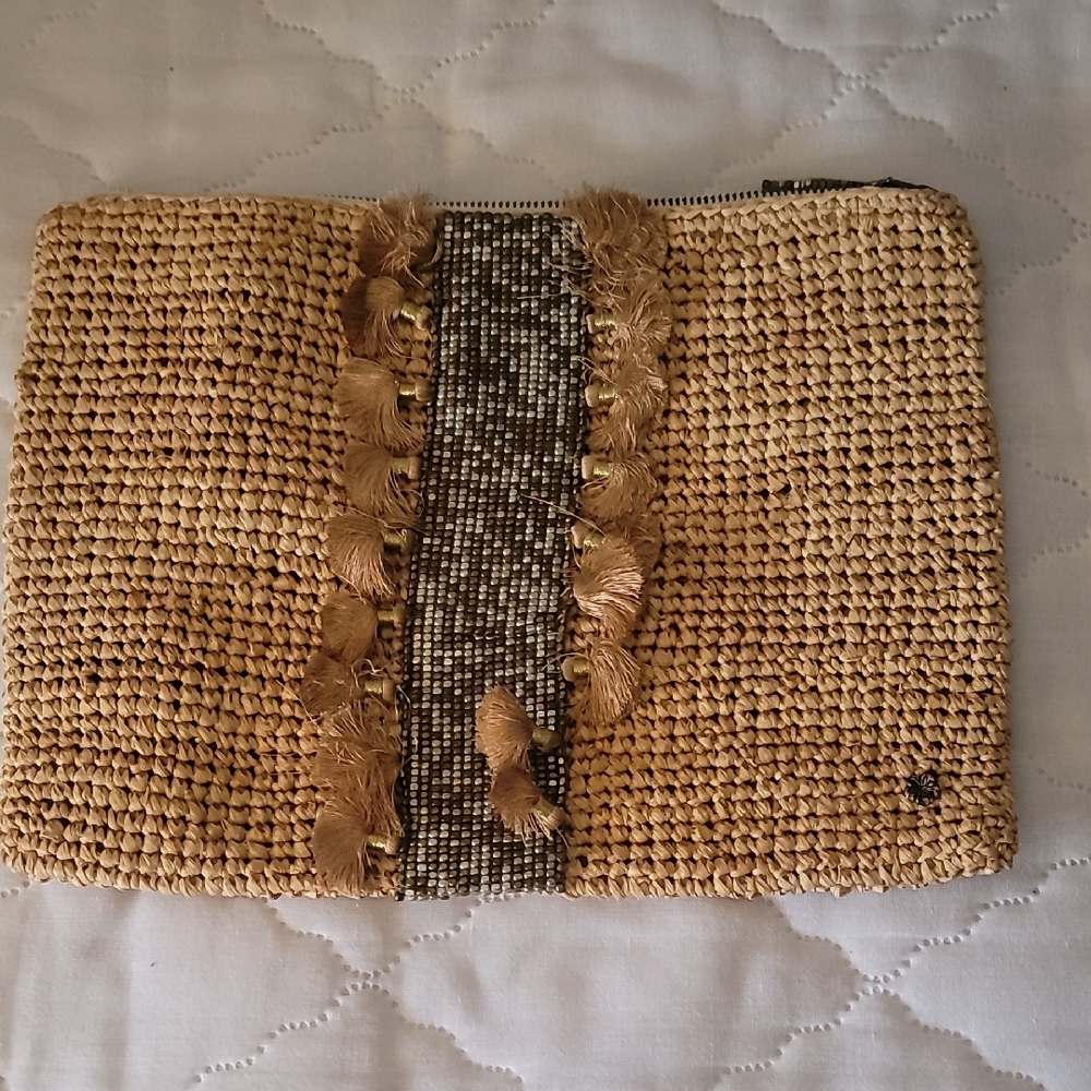 Woven Tan Clutch with Fringe Detail